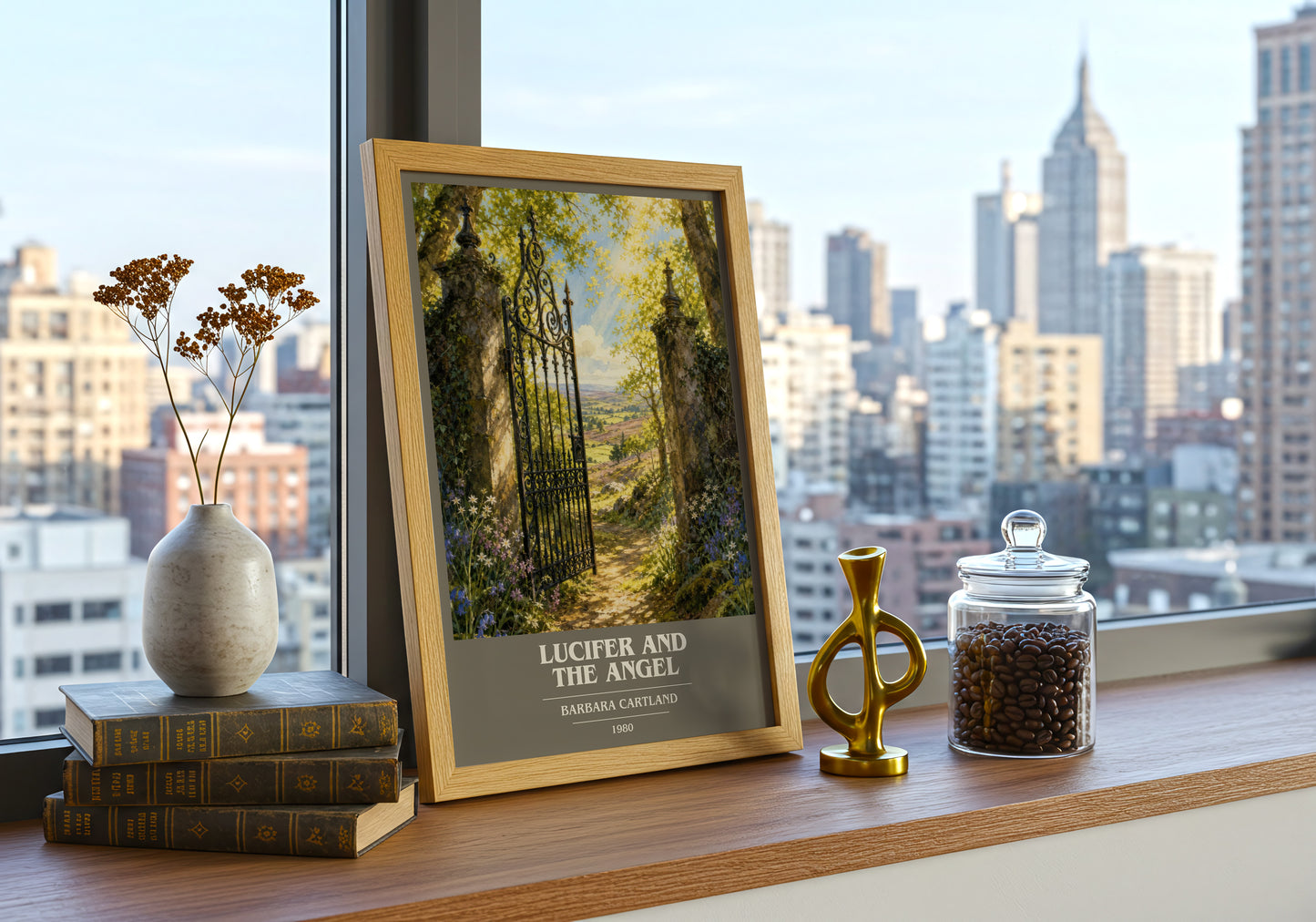 Lucifer And The Angel book cover print framed by window – literary home decor