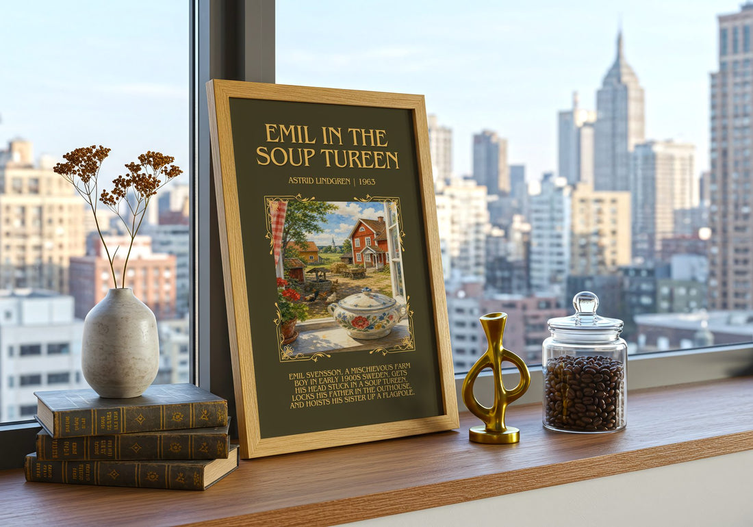 Emil in the Soup Tureen Minimalist Book Poster by Astrid Lindgren – framed print on a city-view windowsill