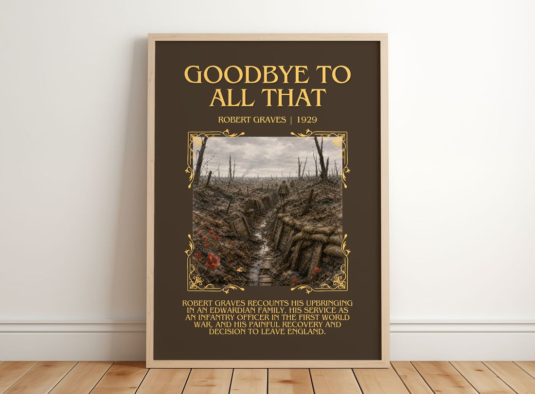 Goodbye to All That Minimalist Book Poster by Robert Graves – framed print leaning on a wooden floor