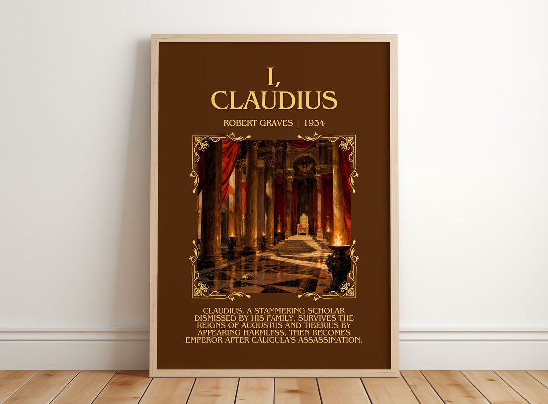I, Claudius Minimalist Book Poster by Robert Graves – framed print leaning on a wooden floor