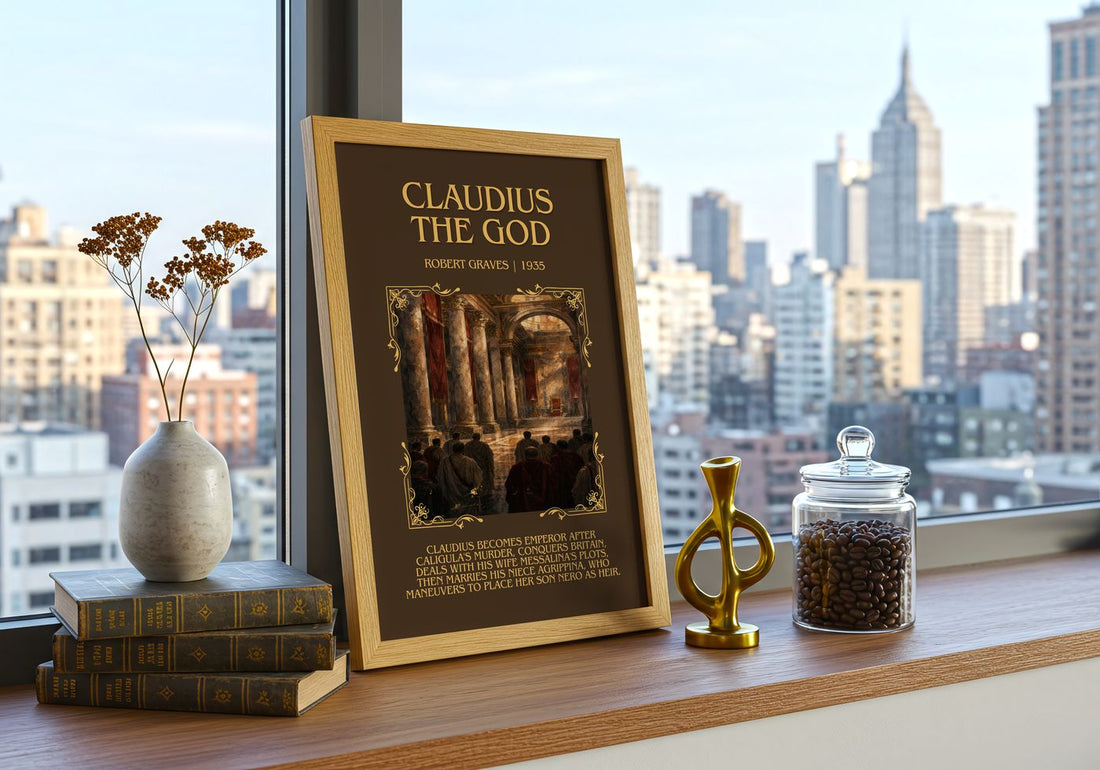 Claudius the God Minimalist Book Poster by Robert Graves – framed print on a city-view windowsill