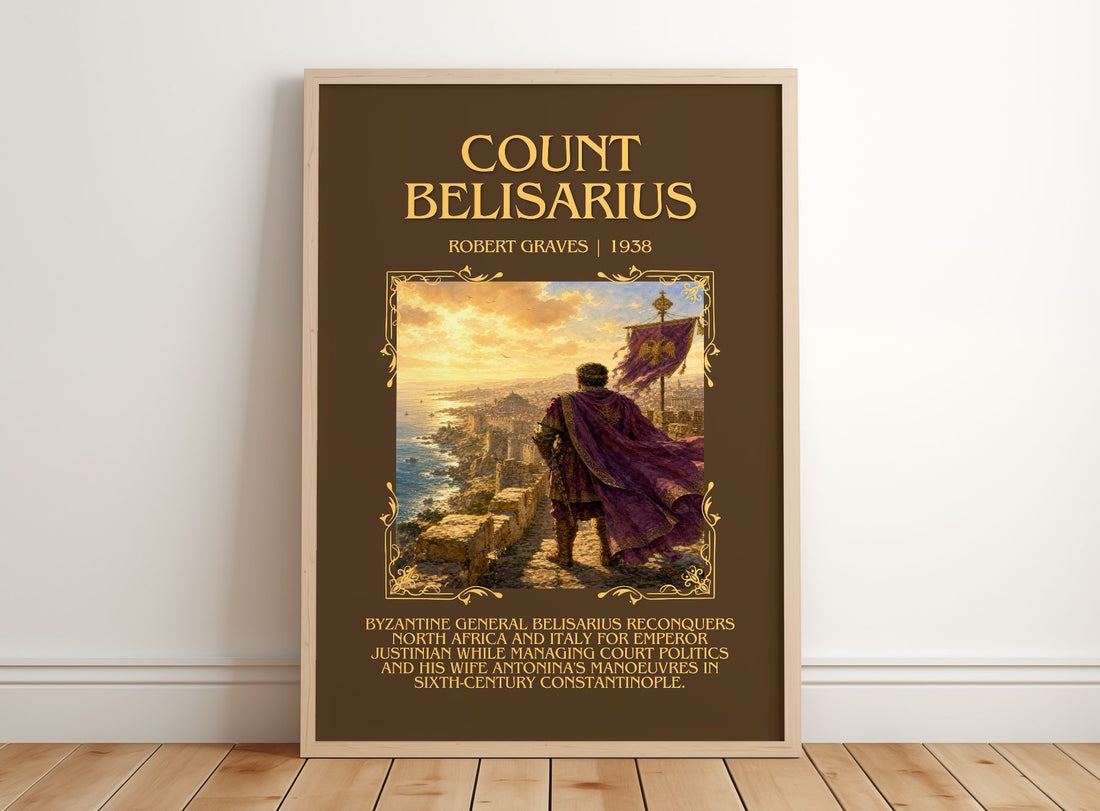 Count Belisarius Minimalist Book Poster by Robert Graves – framed print leaning on a wooden floor