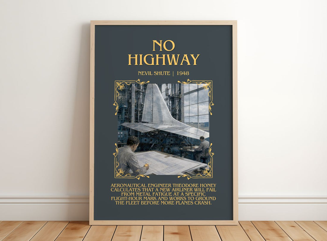 No Highway Minimalist Book Poster by Nevil Shute – framed print leaning on a wooden floor