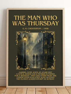 The Man Who Was Thursday minimalist print in frame leaning in hallway – mystery wall art