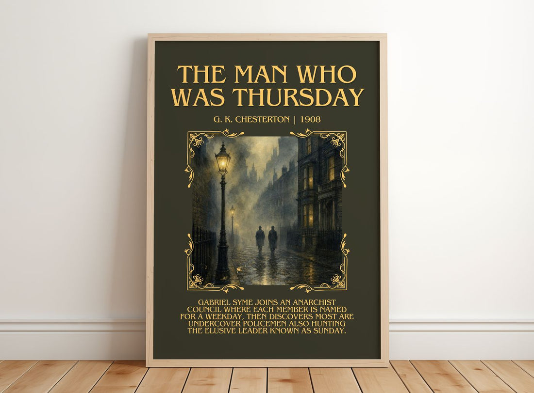 The Man Who Was Thursday minimalist print in frame leaning in hallway – mystery wall art