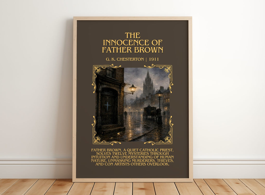 The Innocence of Father Brown minimalist print in frame leaning in hallway – mystery wall art
