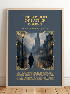 The Wisdom of Father Brown minimalist print in frame leaning in hallway – mystery wall art
