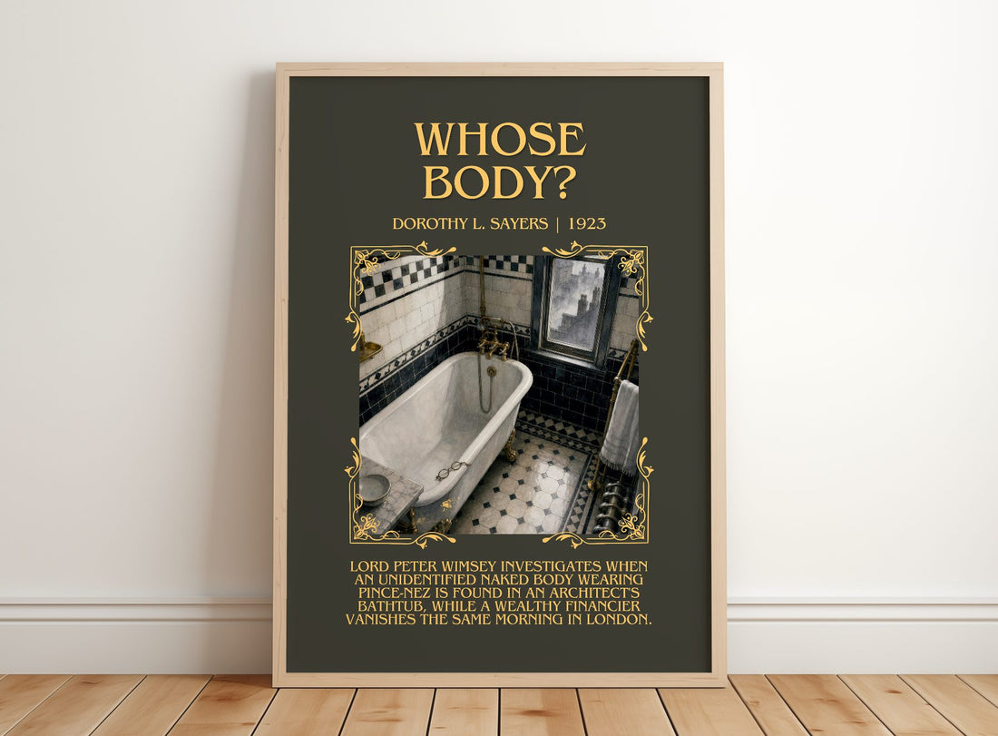 Whose Body? Minimalist Book Poster by Dorothy L. Sayers – framed print leaning on a wooden floor