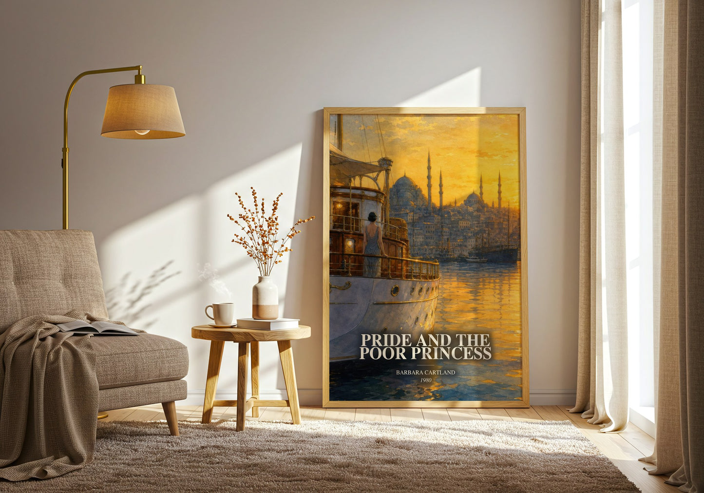 Pride And The Poor Princess watercolour print in frame leaning in hallway – romance wall art