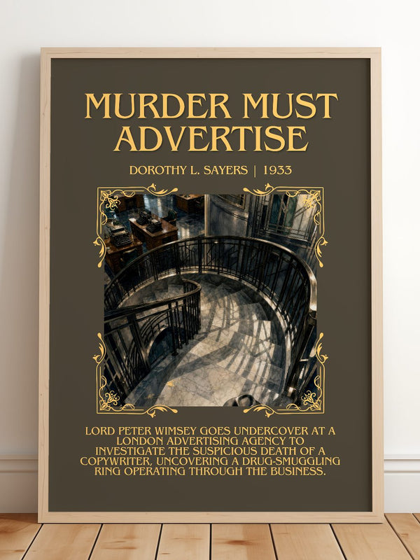 Murder Must Advertise Minimalist Book Poster by Dorothy L. Sayers – framed print leaning on a wooden floor