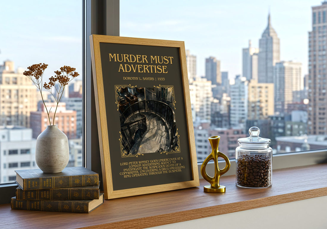 Murder Must Advertise Minimalist Book Poster by Dorothy L. Sayers – framed print on a city-view windowsill