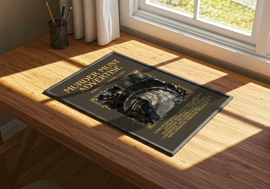 Murder Must Advertise Minimalist Book Poster by Dorothy L. Sayers – print on a sunlit desk
