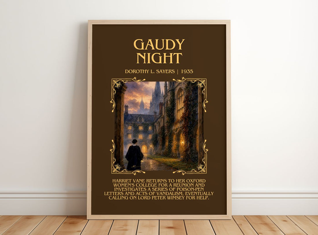 Gaudy Night Minimalist Book Poster by Dorothy L. Sayers – framed print leaning on a wooden floor