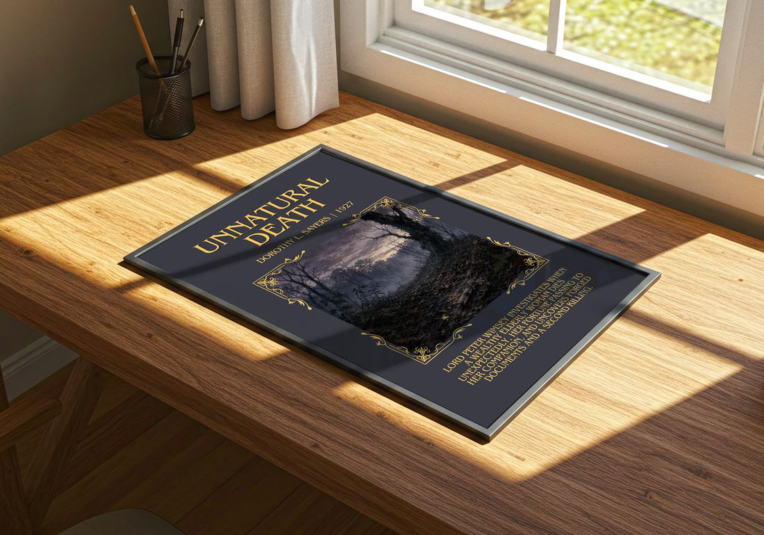 Unnatural Death Minimalist Book Poster by Dorothy L. Sayers – print on a sunlit desk