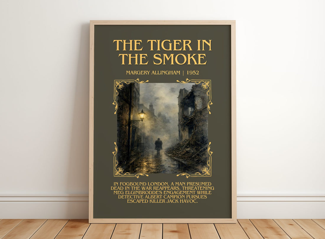 The Tiger in the Smoke Minimalist Book Poster by Margery Allingham – framed print leaning on a wooden floor