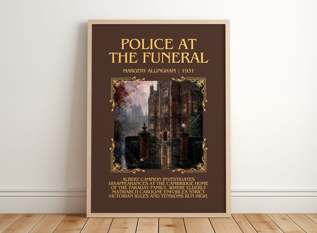 Police at the Funeral Minimalist Book Poster by Margery Allingham – framed print leaning on a wooden floor