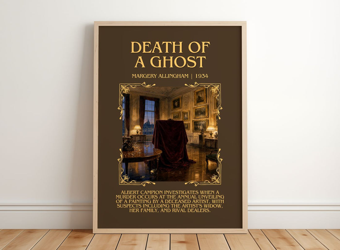 Death of a Ghost Minimalist Book Poster by Margery Allingham – framed print leaning on a wooden floor