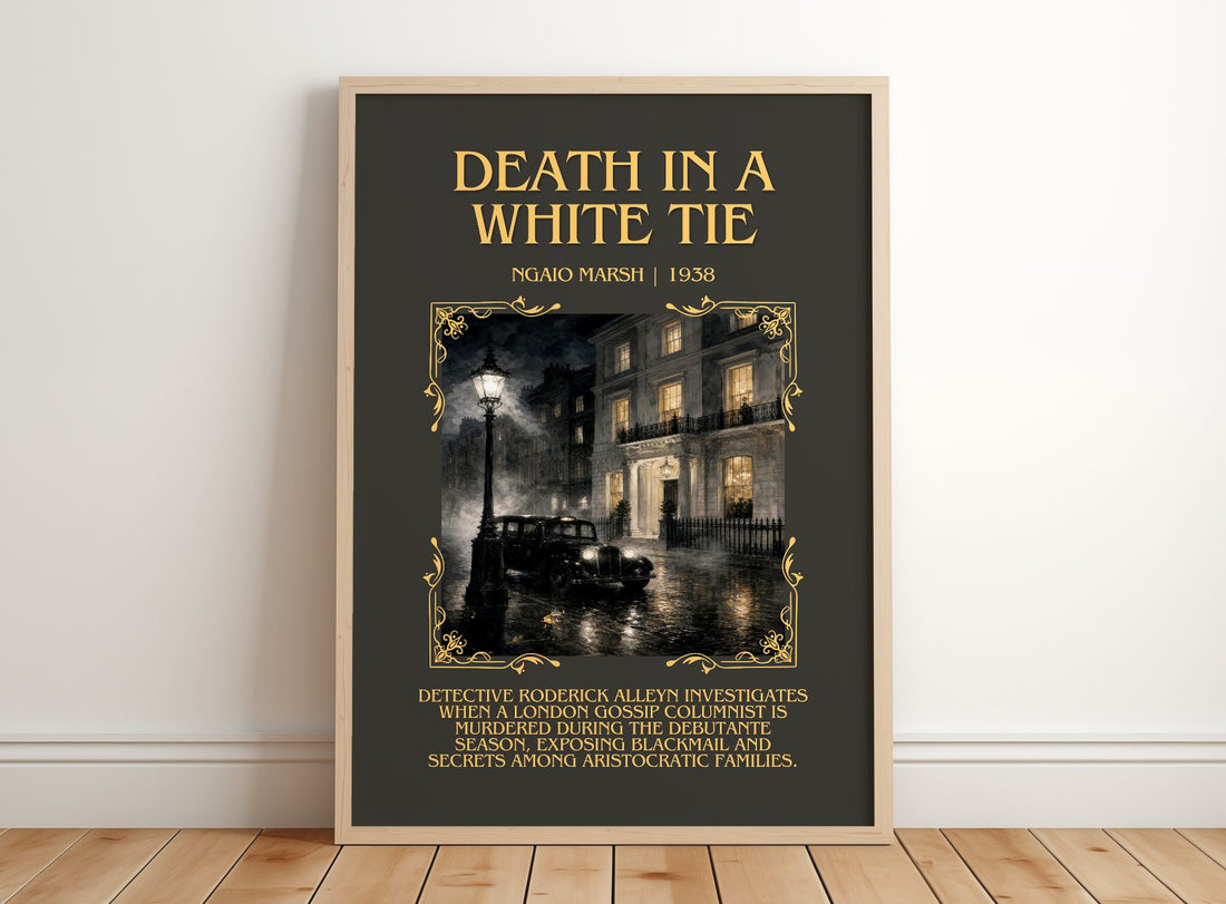 Death in a White Tie Minimalist Book Poster by Ngaio Marsh – framed print leaning on a wooden floor
