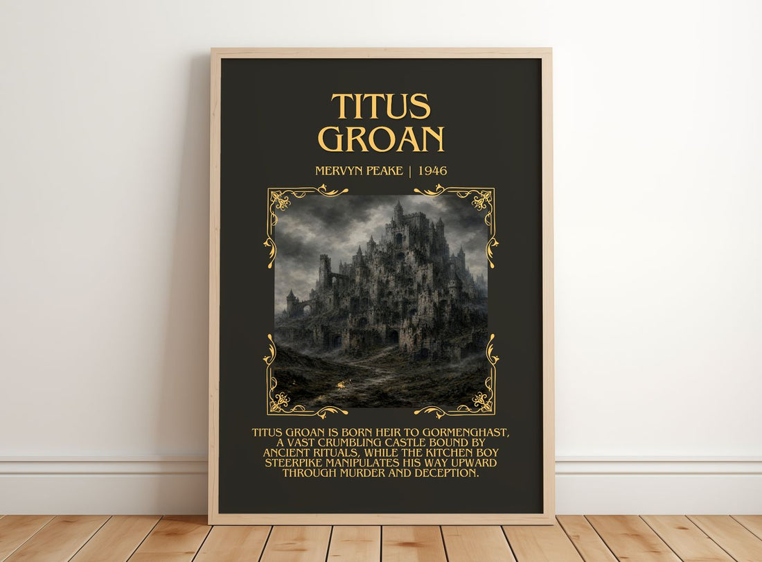 Titus Groan Minimalist Book Poster by Mervyn Peake – framed print leaning on a wooden floor