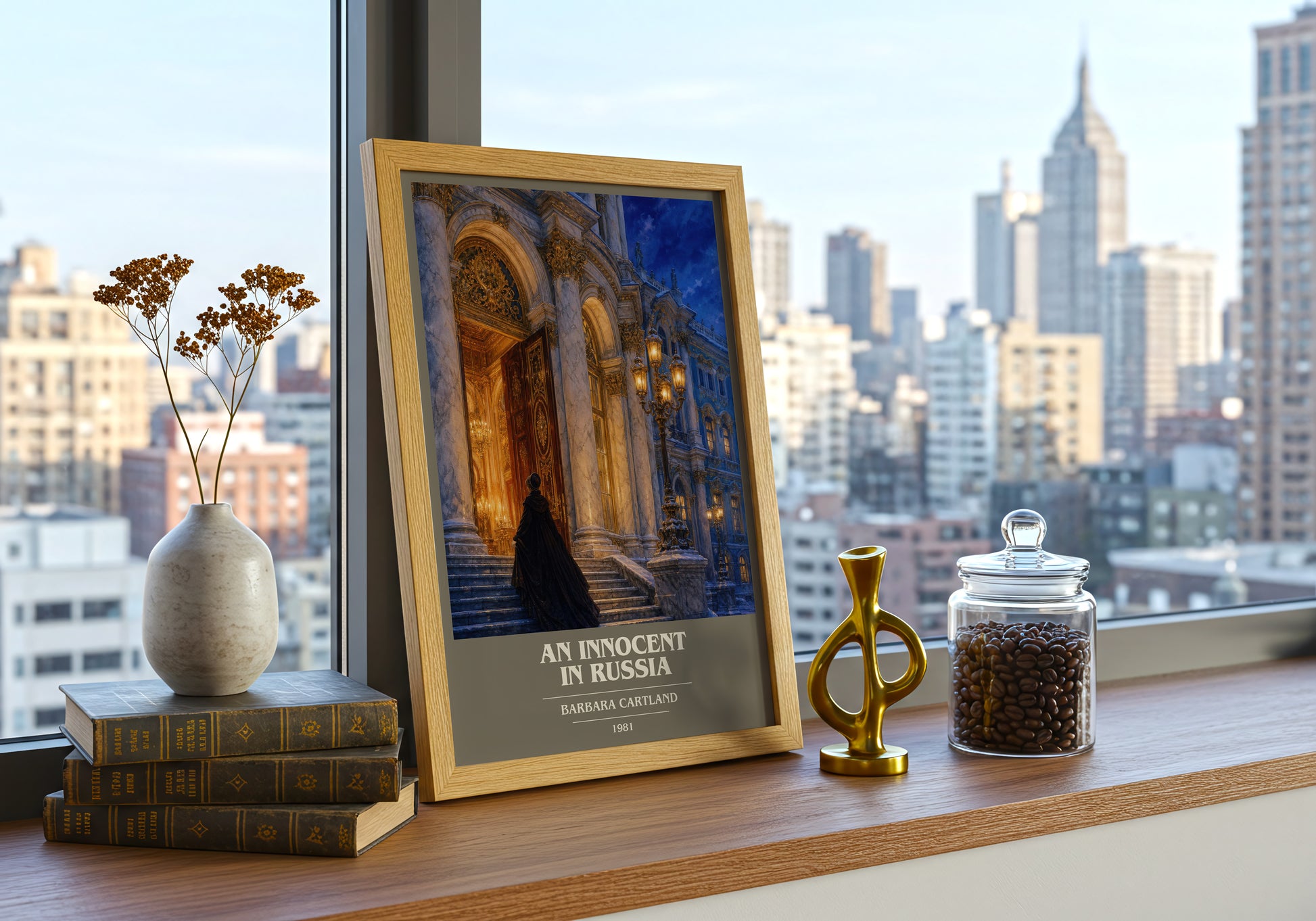 An Innocent In Russia book cover print framed by window – literary home decor