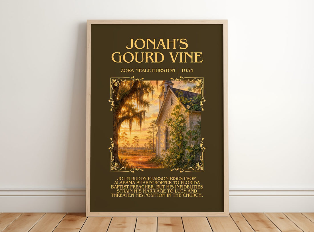 Jonah's Gourd Vine Minimalist Book Poster by Zora Neale Hurston – framed print leaning on a wooden floor