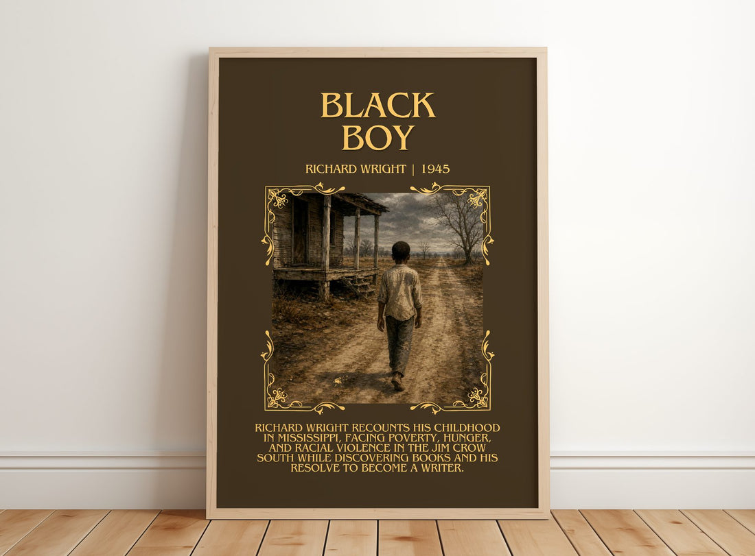 Black Boy Minimalist Book Poster by Richard Wright – framed print leaning on a wooden floor