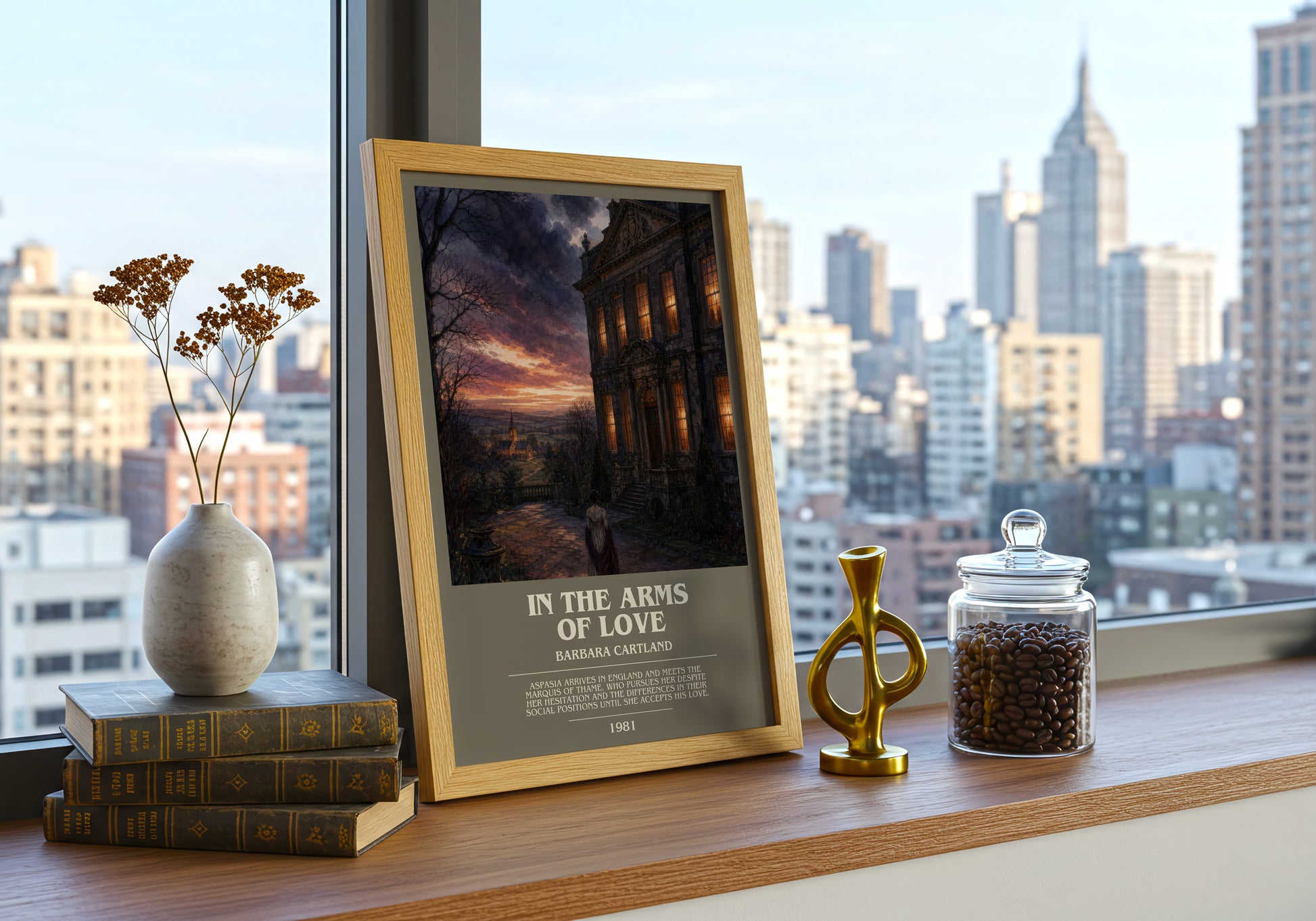 In The Arms Of Love bookish print framed by window – literary home decor