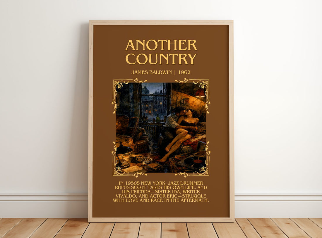 Another Country Minimalist Book Poster by James Baldwin – framed print leaning on a wooden floor