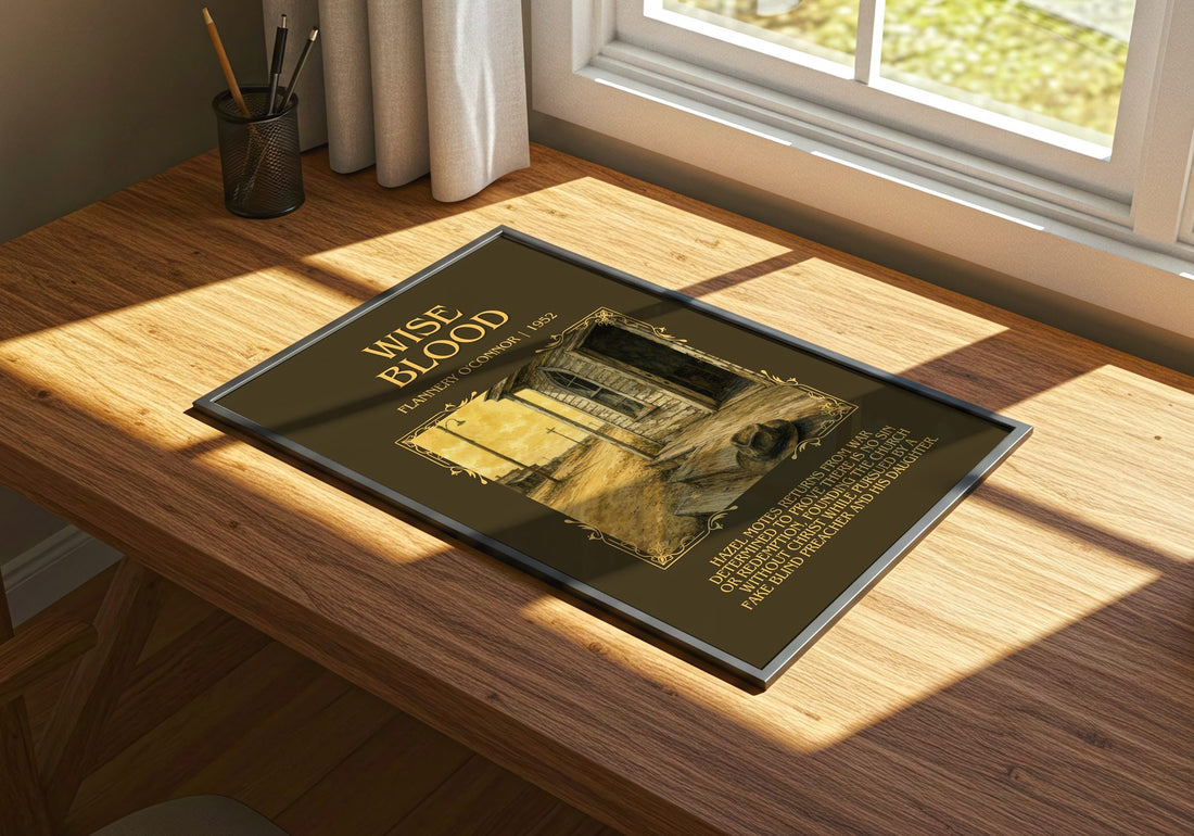 Wise Blood Minimalist Book Poster by Flannery O'Connor – print on a sunlit desk