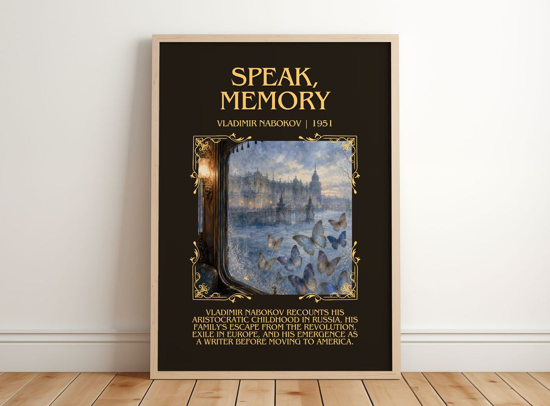 Speak, Memory Minimalist Book Poster by Vladimir Nabokov – framed print leaning on a wooden floor