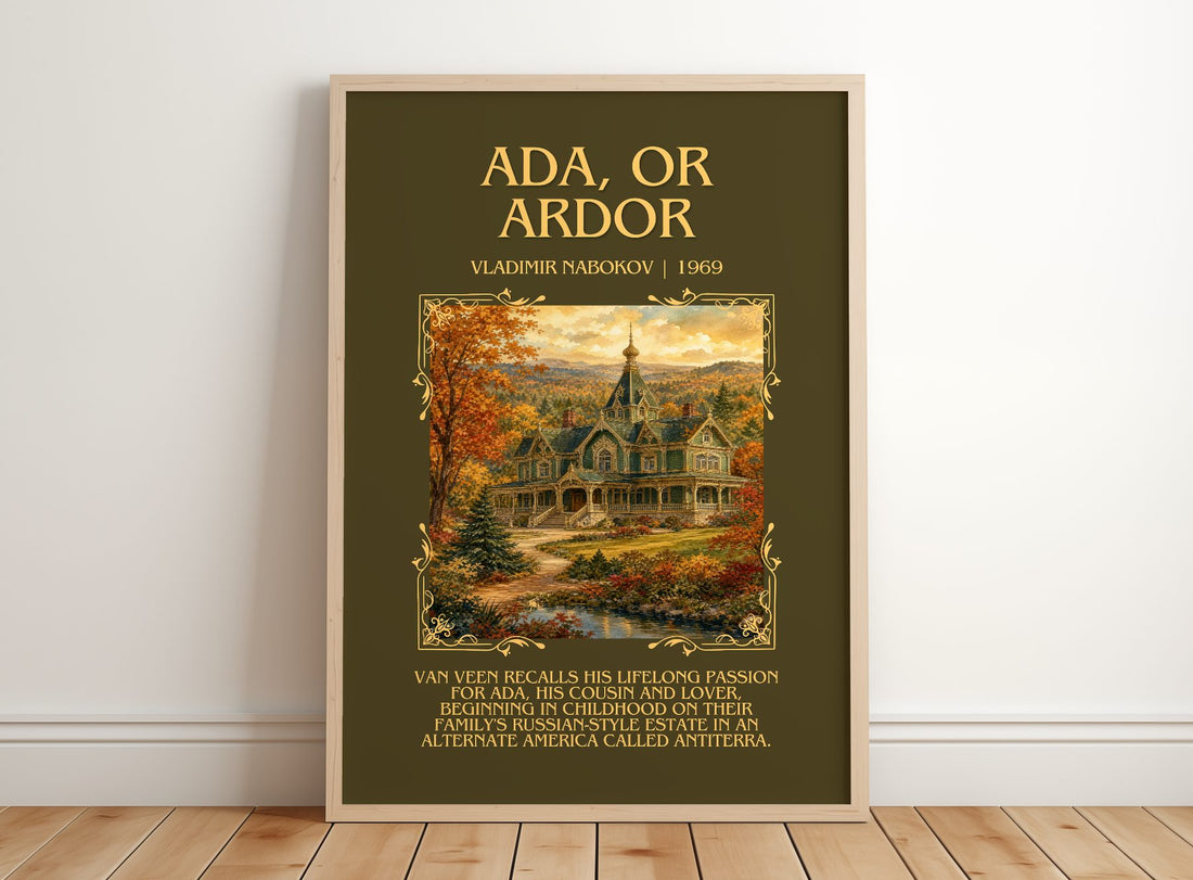 Ada, or Ardor Minimalist Book Poster by Vladimir Nabokov – framed print leaning on a wooden floor