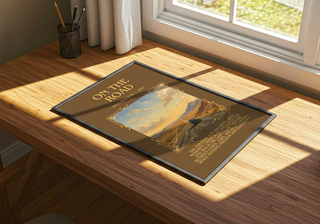 On the Road Minimalist Book Poster by Jack Kerouac – print on a sunlit desk