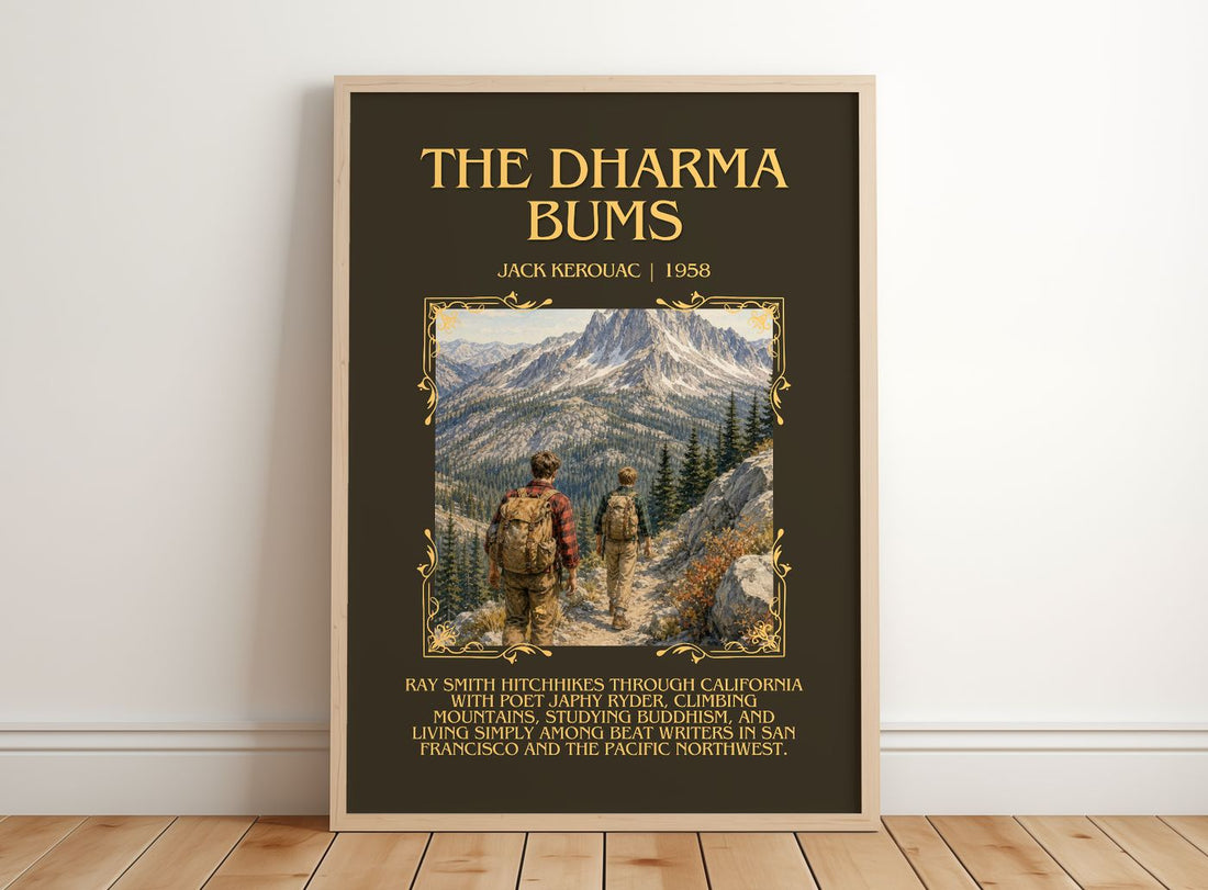 The Dharma Bums Minimalist Book Poster by Jack Kerouac – framed print leaning on a wooden floor