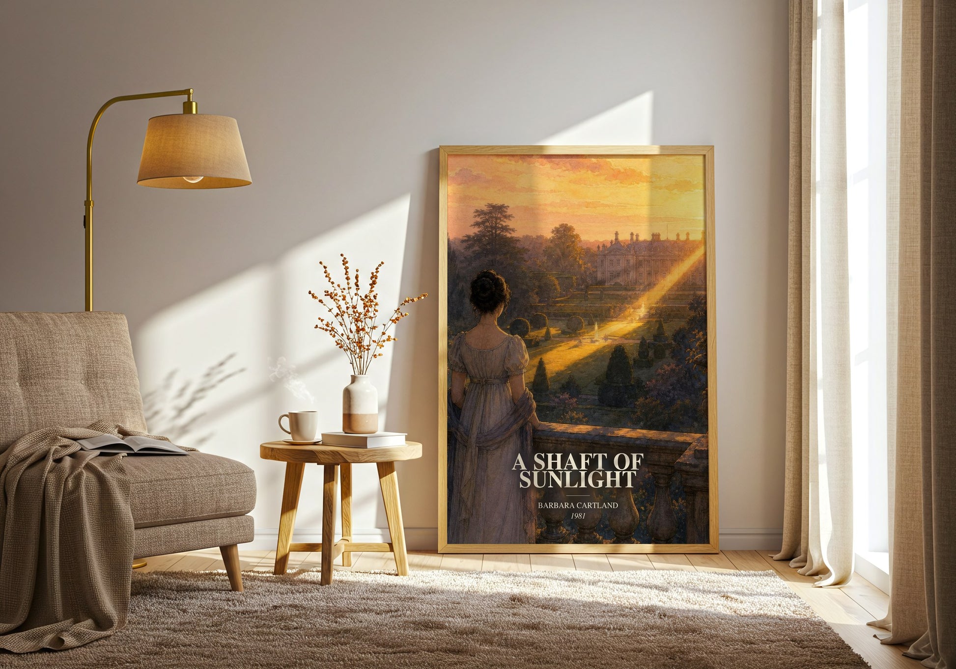A Shaft Of Sunlight watercolour print in frame leaning in hallway – romance wall art