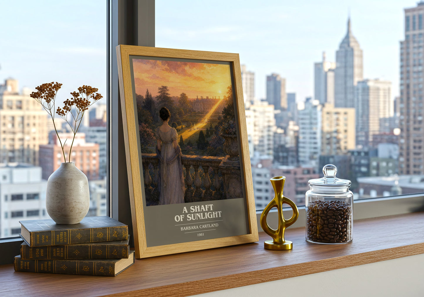 A Shaft Of Sunlight book cover print framed by window – literary home decor