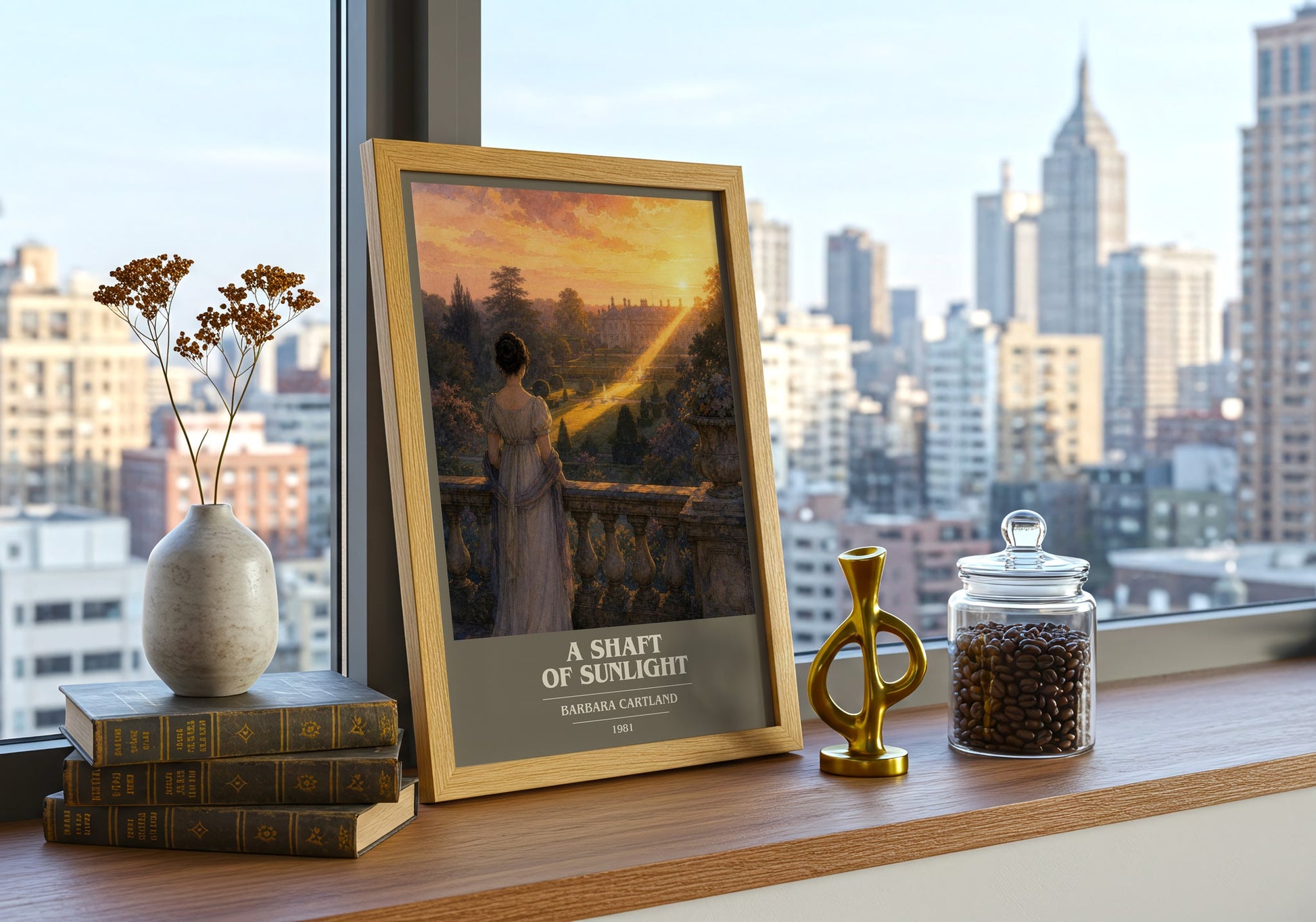 A Shaft Of Sunlight book cover print framed by window – literary home decor