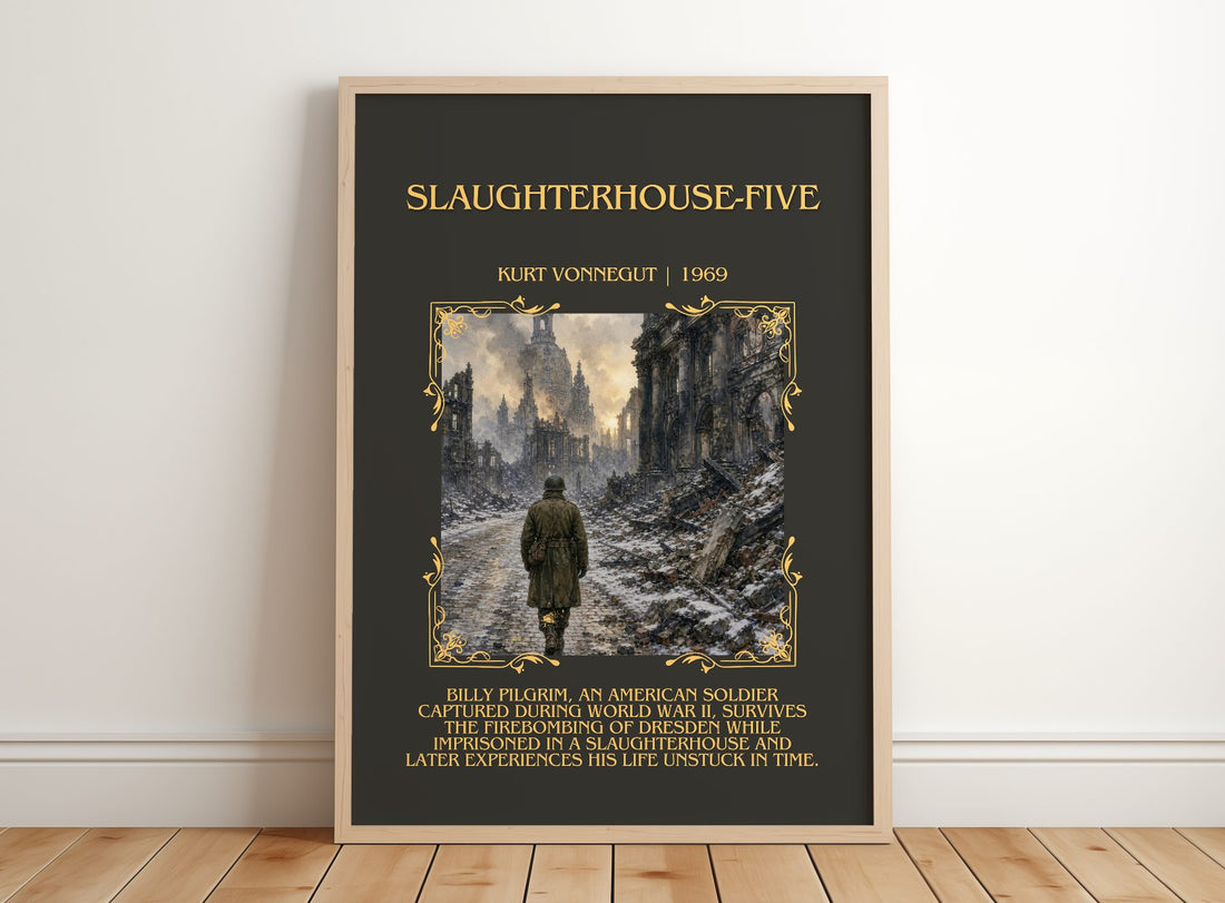 Slaughterhouse-Five Minimalist Book Poster by Kurt Vonnegut – framed print leaning on a wooden floor