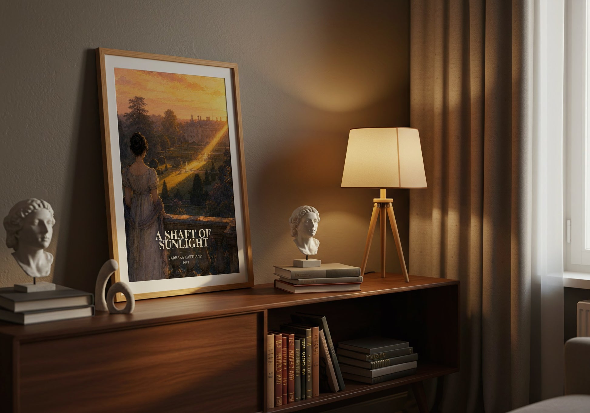 A Shaft Of Sunlight watercolour print on bookshelf – Barbara Cartland fan gift