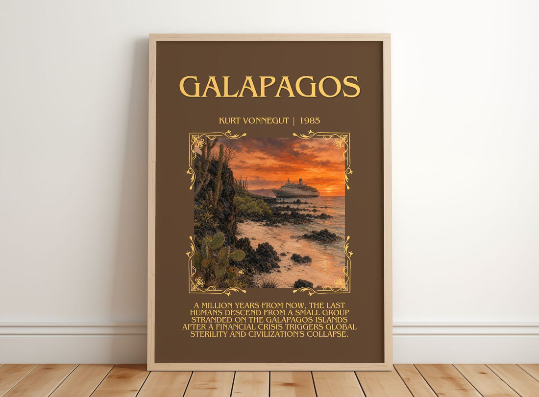 Galápagos Minimalist Book Poster by Kurt Vonnegut – framed print leaning on a wooden floor