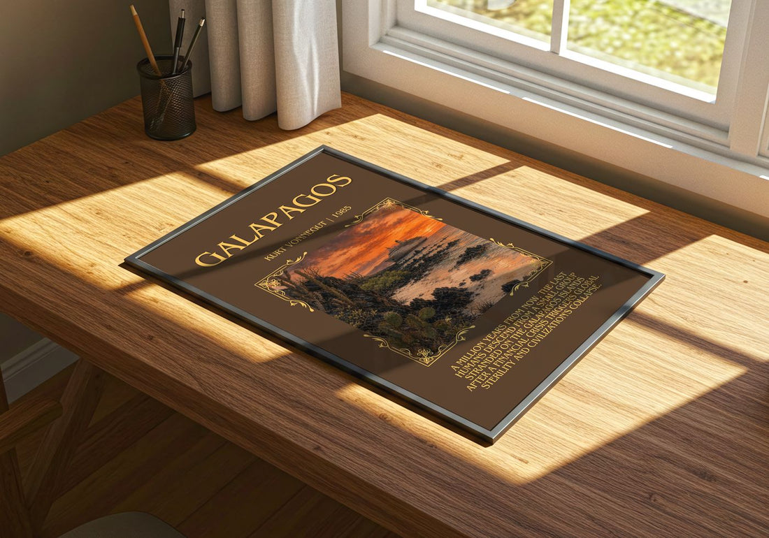 Galápagos Minimalist Book Poster by Kurt Vonnegut – print on a sunlit desk
