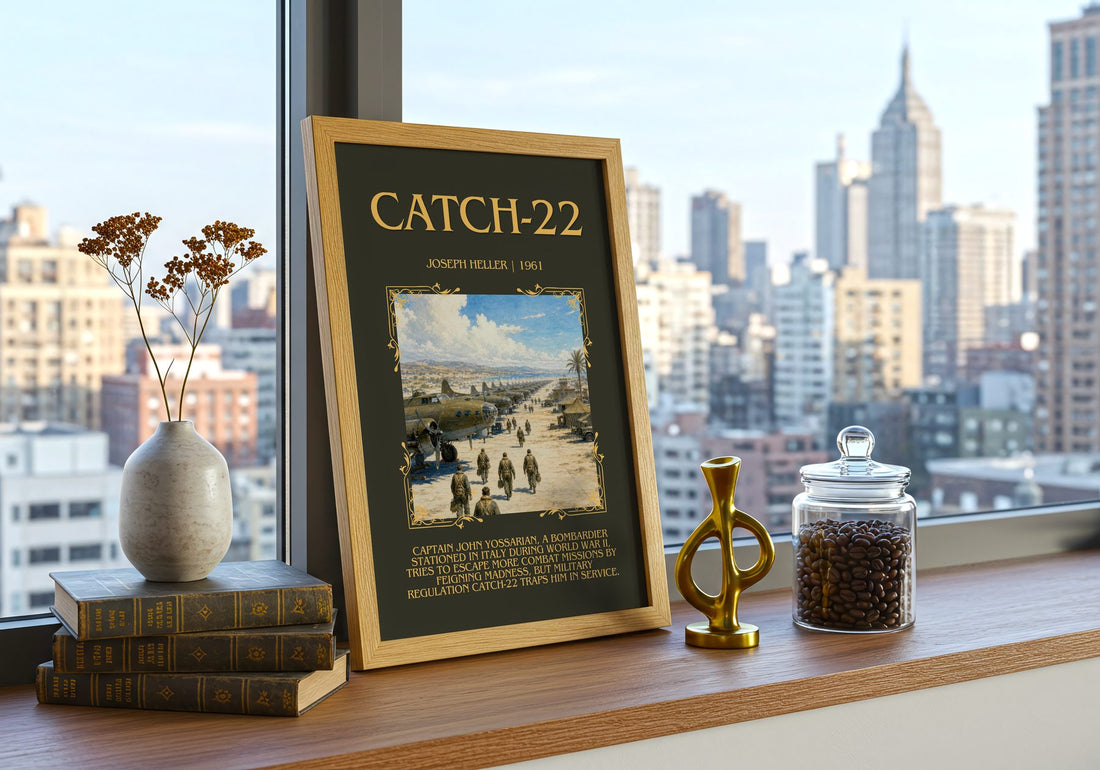 Catch-22 Minimalist Book Poster by Joseph Heller – framed print on a city-view windowsill