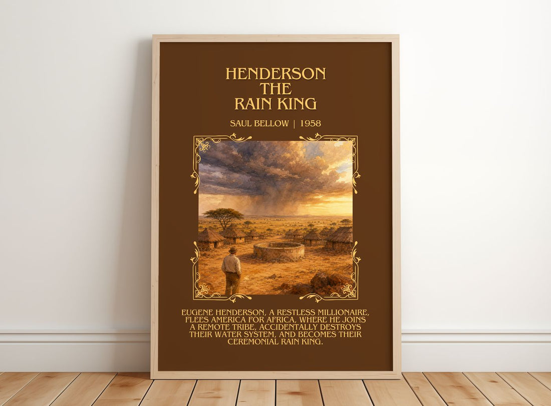 Henderson the Rain King Minimalist Book Poster by Saul Bellow – framed print leaning on a wooden floor