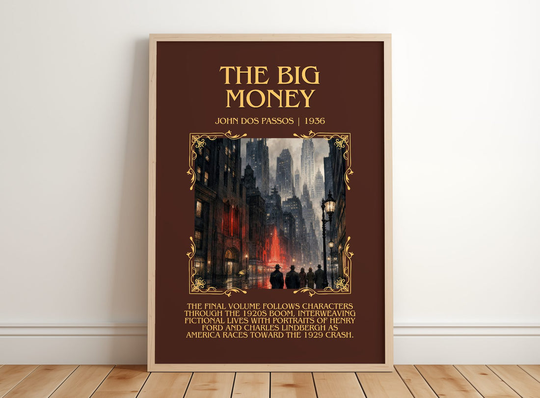 The Big Money Minimalist Book Poster by John Dos Passos – framed print leaning on a wooden floor