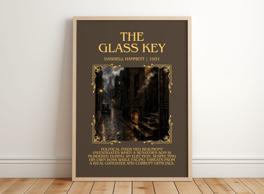 The Glass Key Minimalist Book Poster by Dashiell Hammett – framed print leaning on a wooden floor