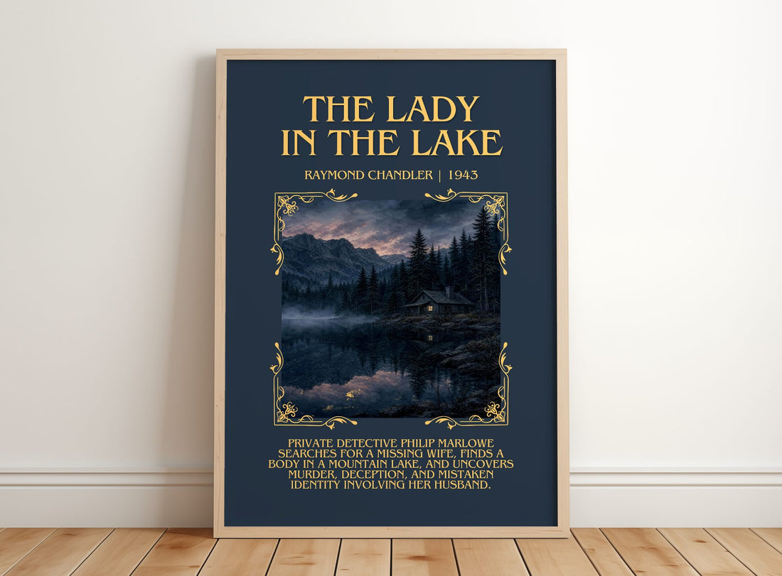 The Lady in the Lake Minimalist Book Poster by Raymond Chandler – framed print leaning on a wooden floor