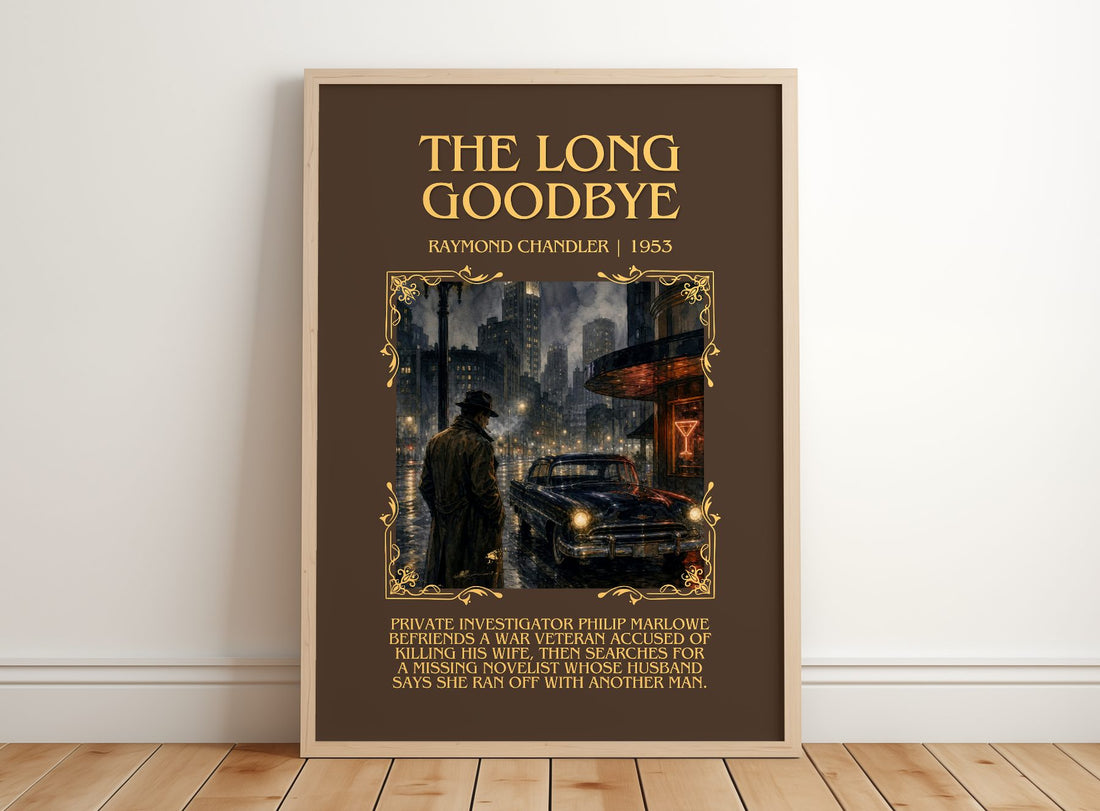 The Long Goodbye Minimalist Book Poster by Raymond Chandler – framed print leaning on a wooden floor