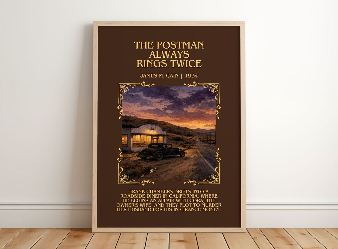 The Postman Always Rings Twice Minimalist Book Poster by James M. Cain – framed print leaning on a wooden floor