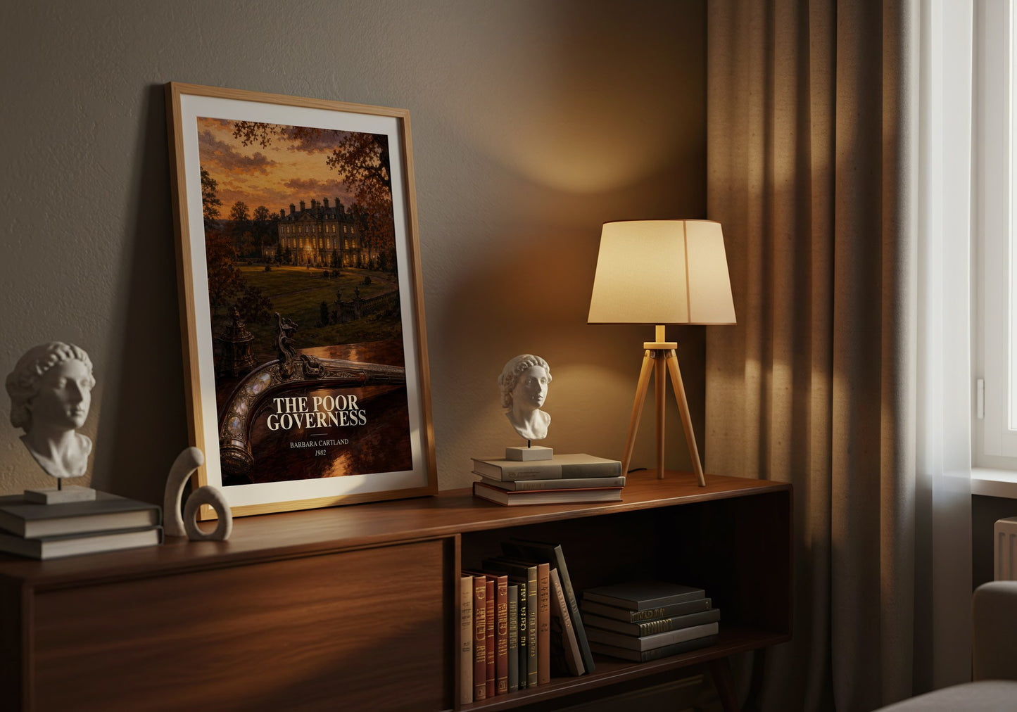 The Poor Governess watercolour print on bookshelf – Barbara Cartland fan gift