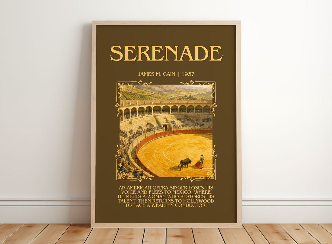Serenade Minimalist Book Poster by James M. Cain – framed print leaning on a wooden floor