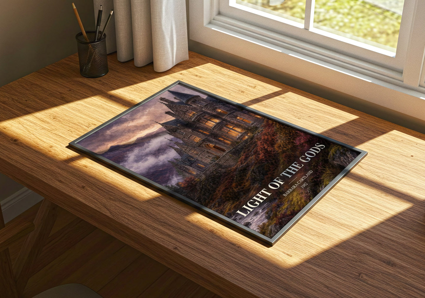 Light Of The Gods watercolour book poster framed on wall – romance wall art